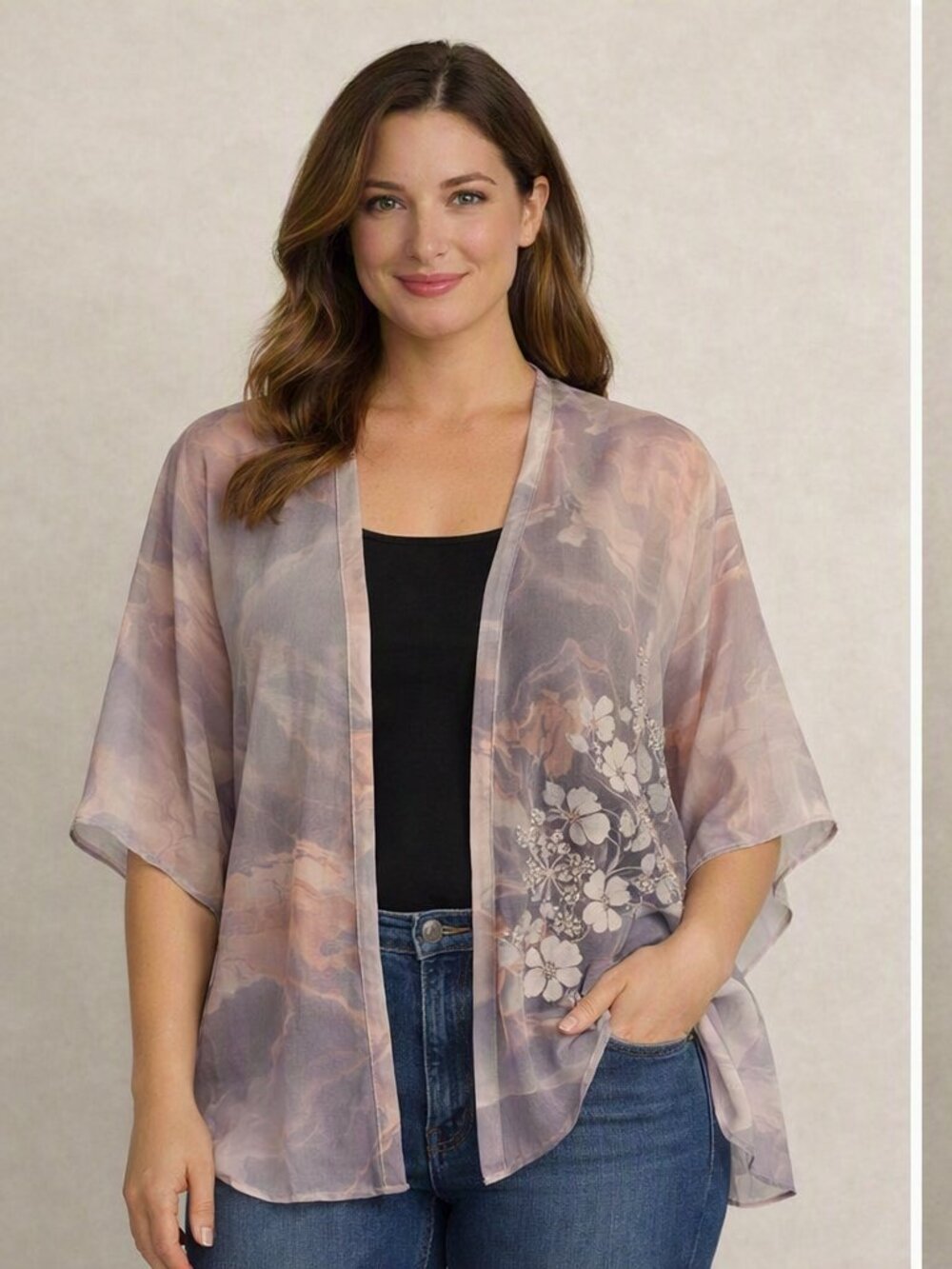 Light Grey-Peach Sheer Floral Kimono